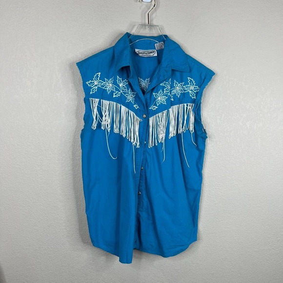 Dakota Rodeo Women Embroidered Button Down Shirt Sleeveless Blue Medium Fringe - Picture 1 of 11